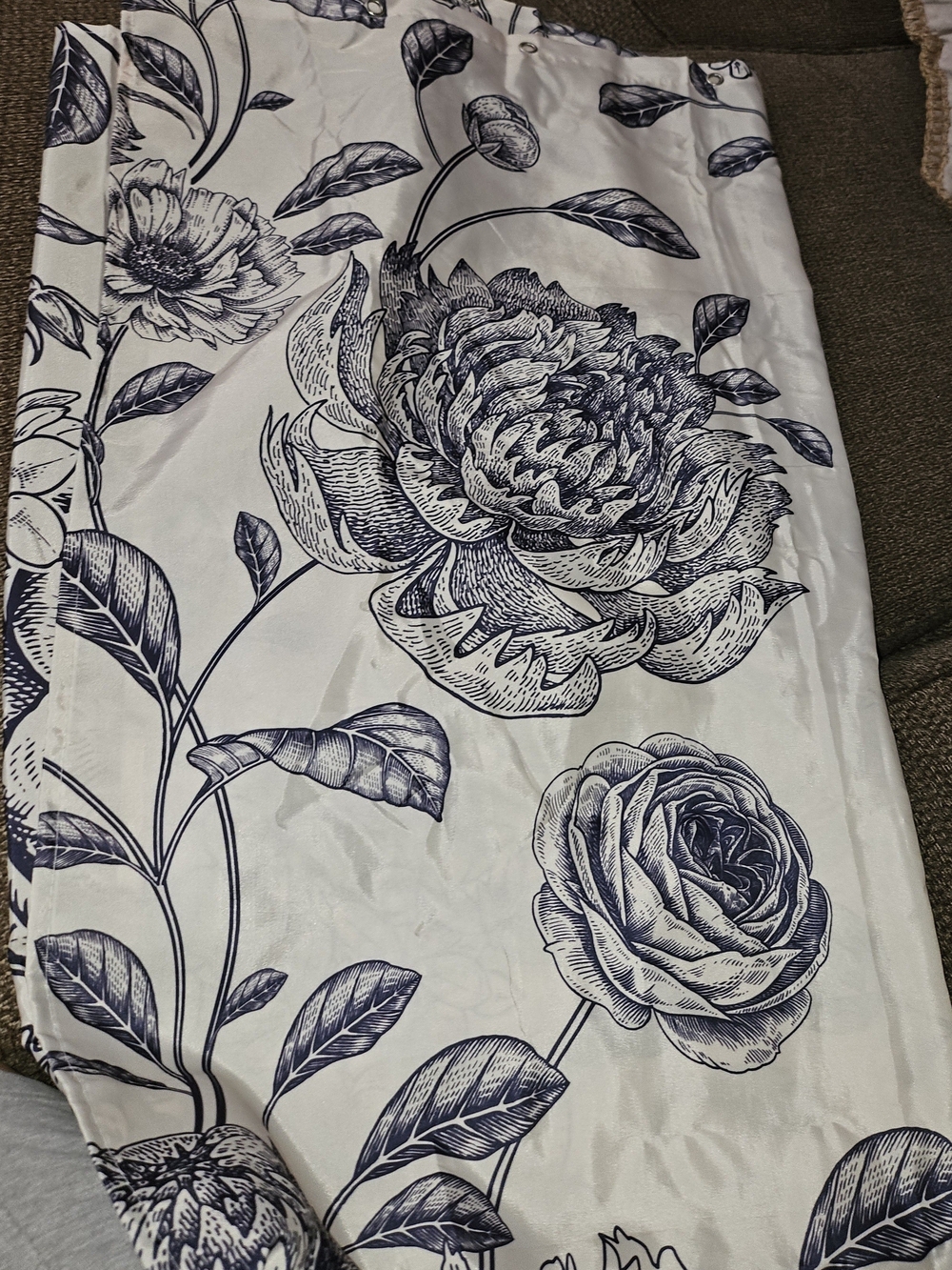 Floral Print Shower Curtain Panel in Navy on Beige - Home Accents